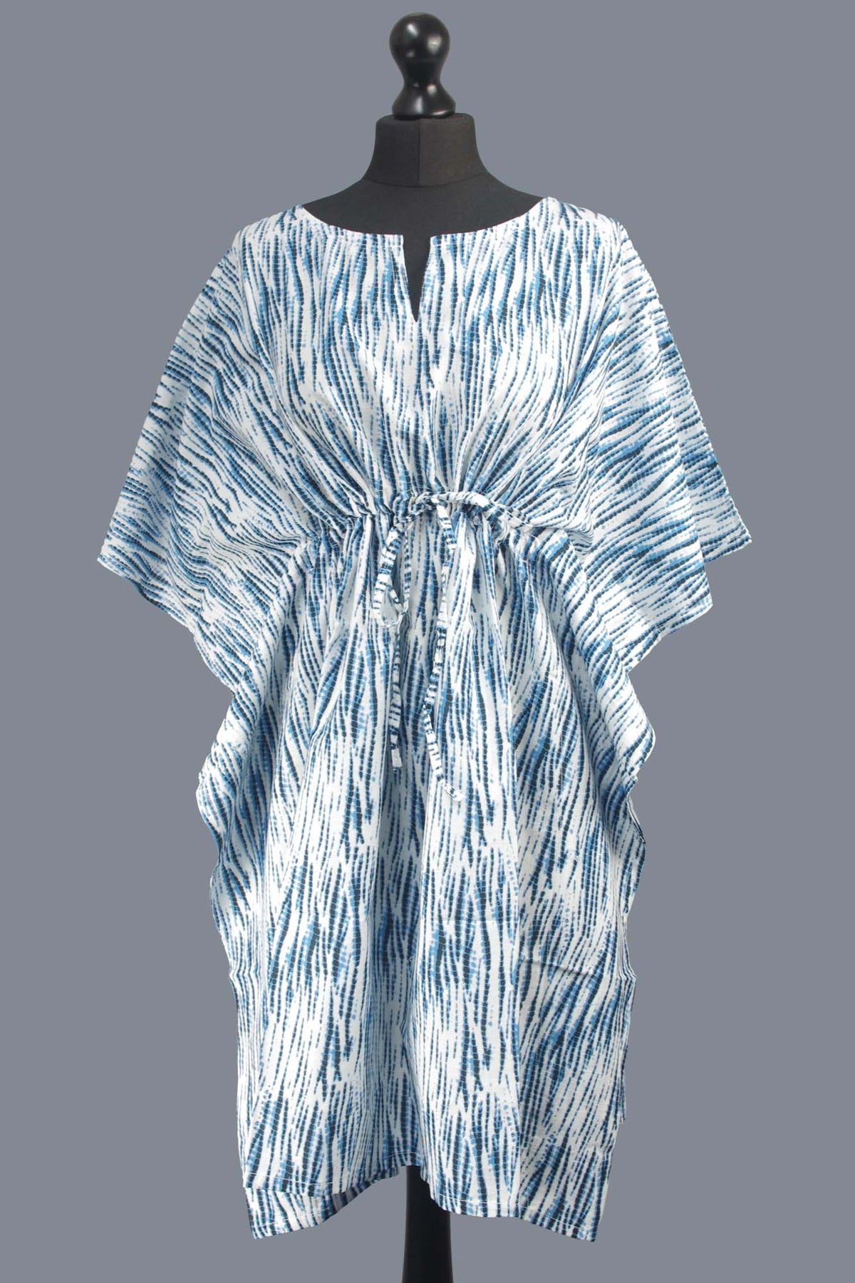 Blockbedruckter Baumwoll-Coverup / Kaftans - Blaue Blätter