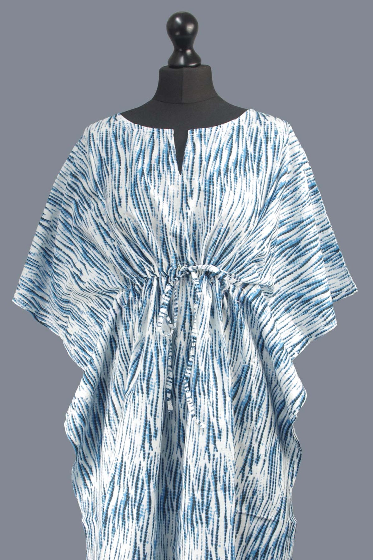 Blockbedruckter Baumwoll-Coverup / Kaftans - Blaue Blätter