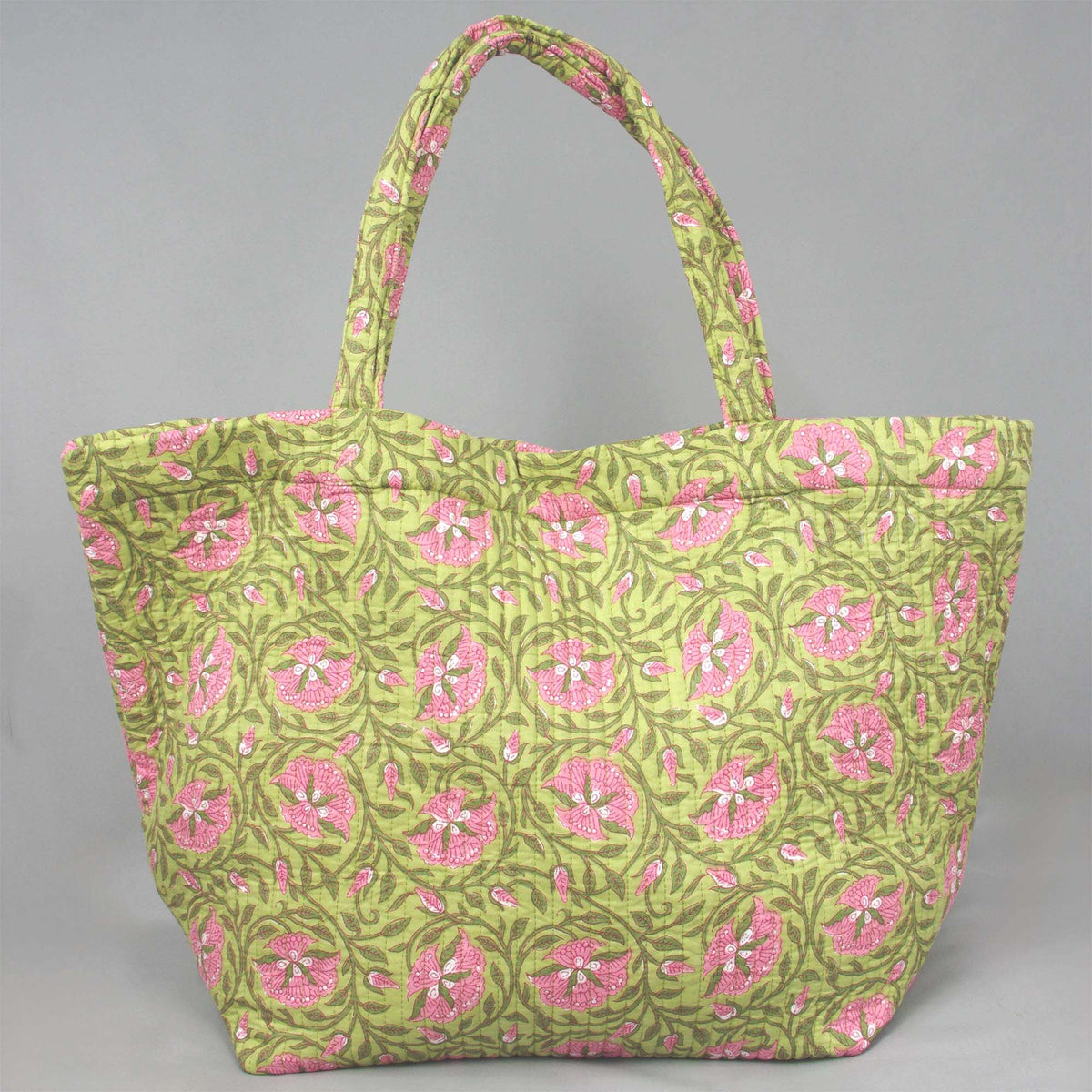 Cotton Quilted Large Shopping / Beach Bag - Green Pink Floral
