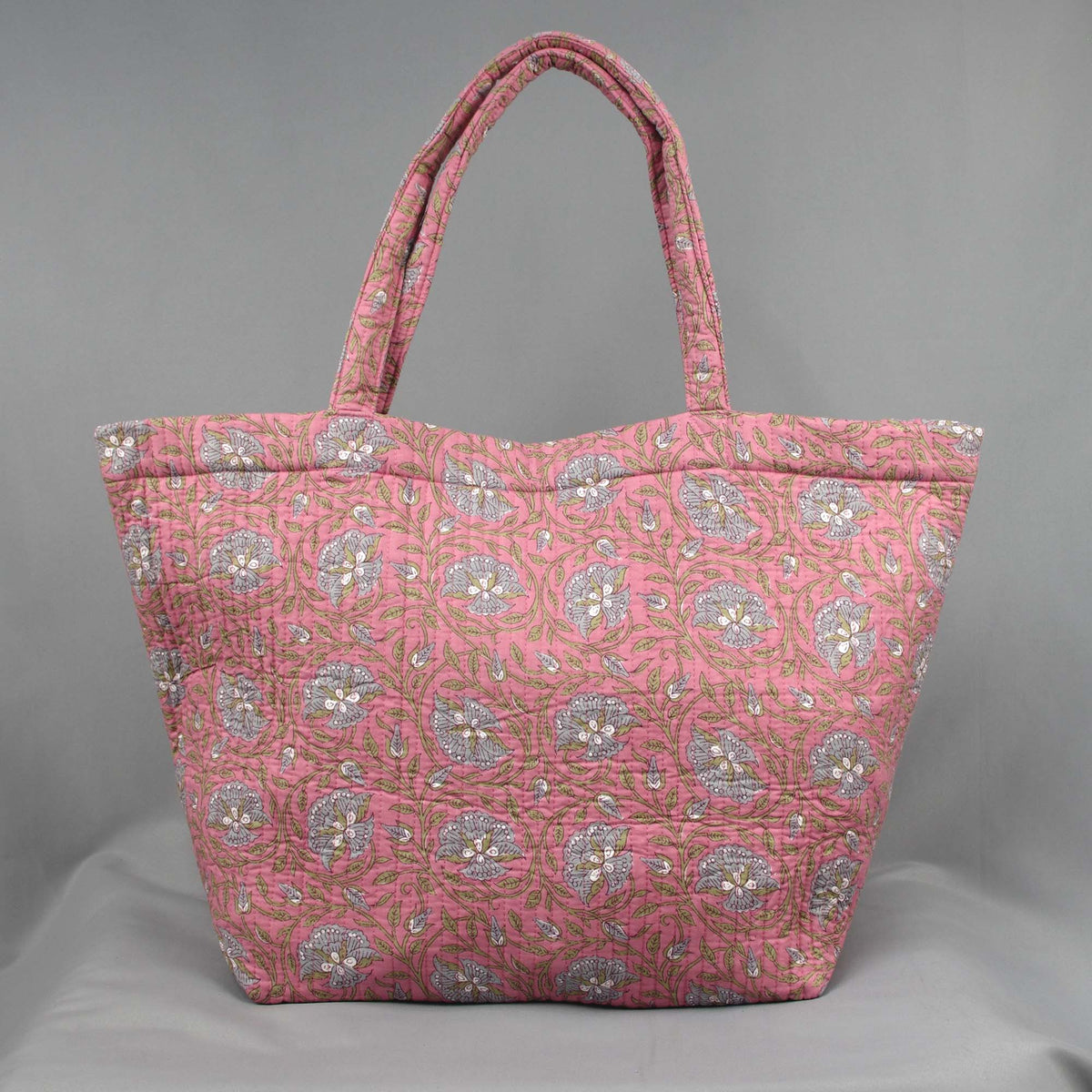 Cotton Quilted Large Shopping / Beach Bag - Peachy Pink Floral Jaal