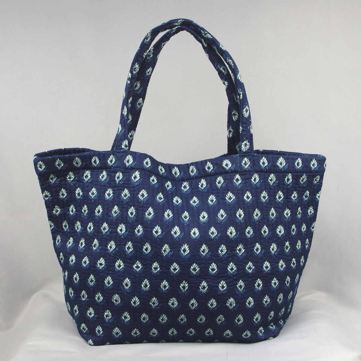 Cotton Quilted Large Shopping / Beach Bag - White Motif Print Indigo