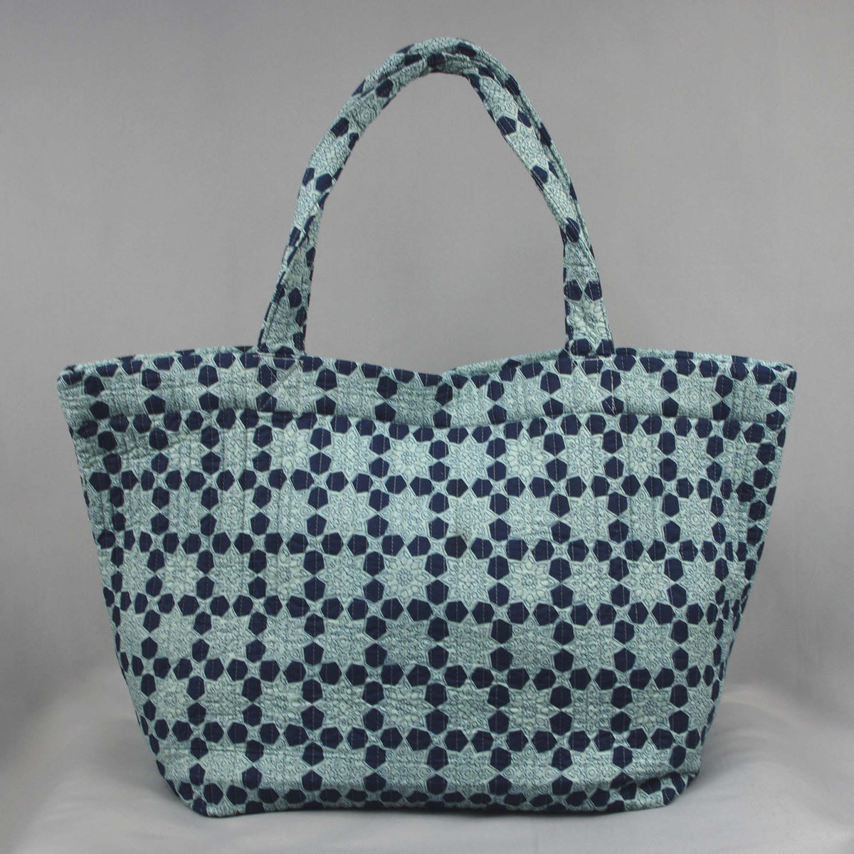 Cotton Quilted Large Shopping / Beach Bag - Hexagonal Floral Print Indigo