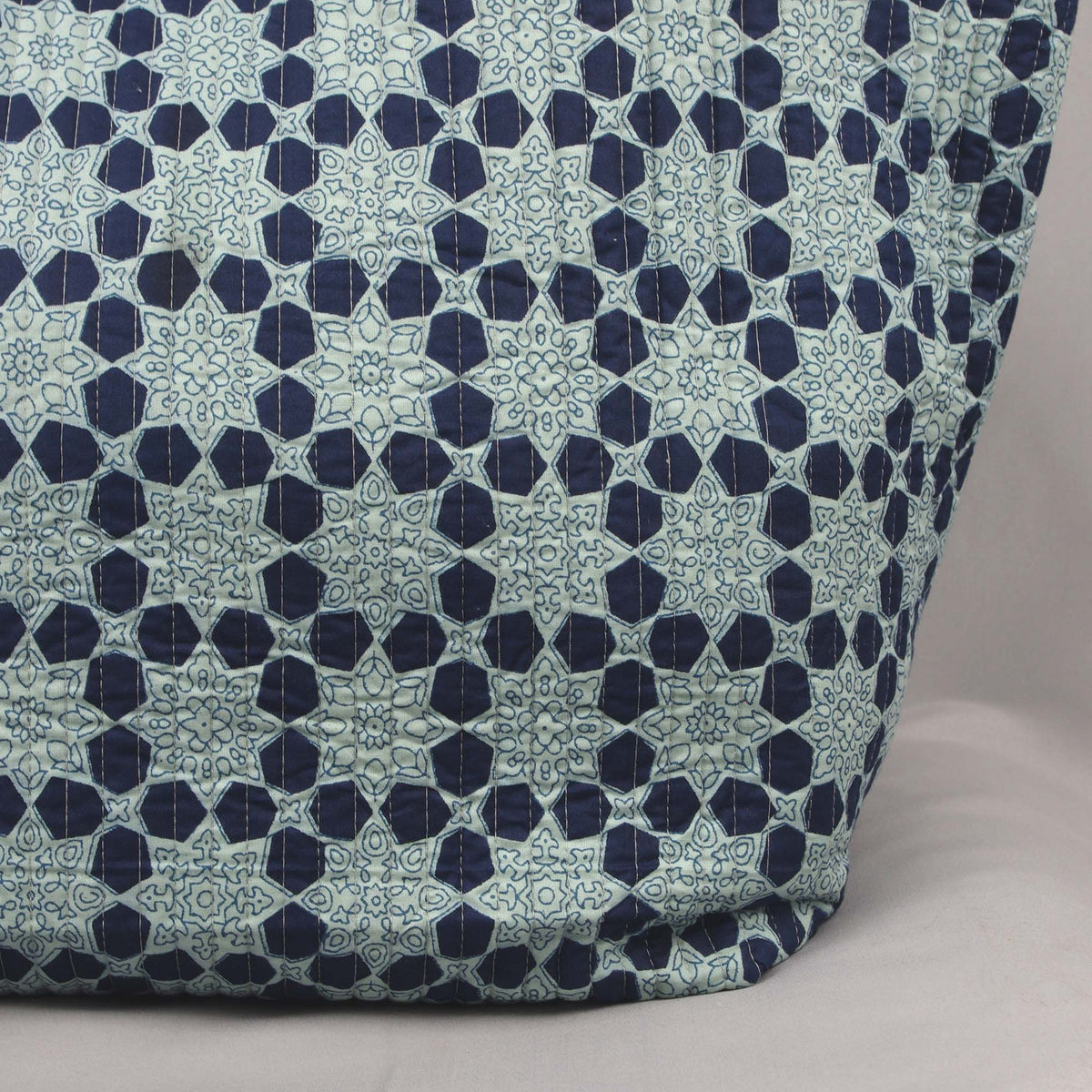 Cotton Quilted Large Shopping / Beach Bag - Hexagonal Floral Print Indigo