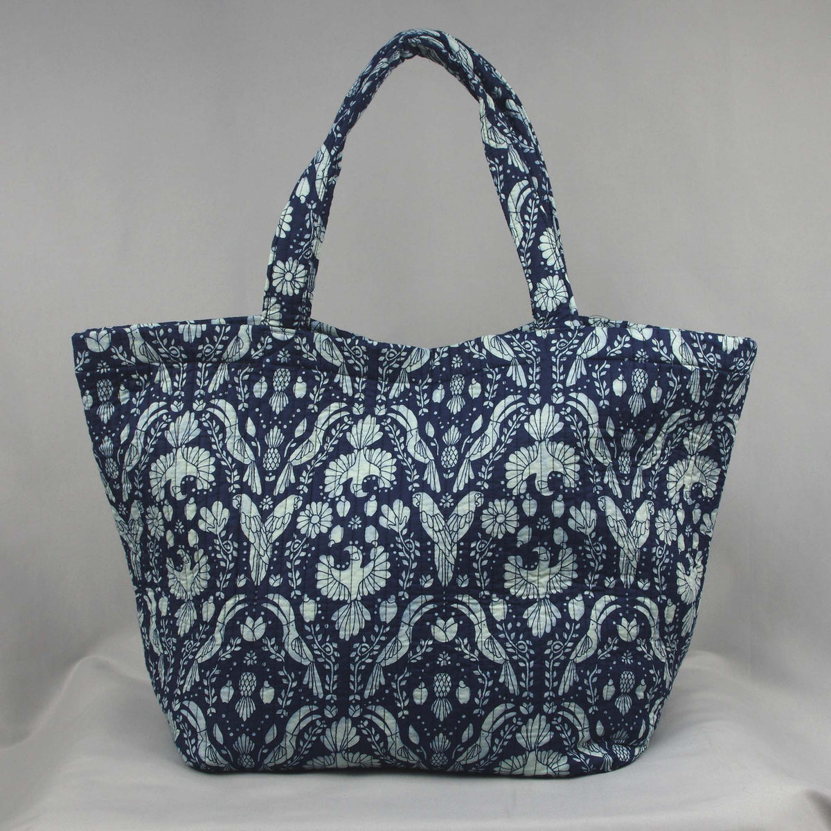 Cotton Quilted Large Shopping / Beach Bag - Bird Print Indigo