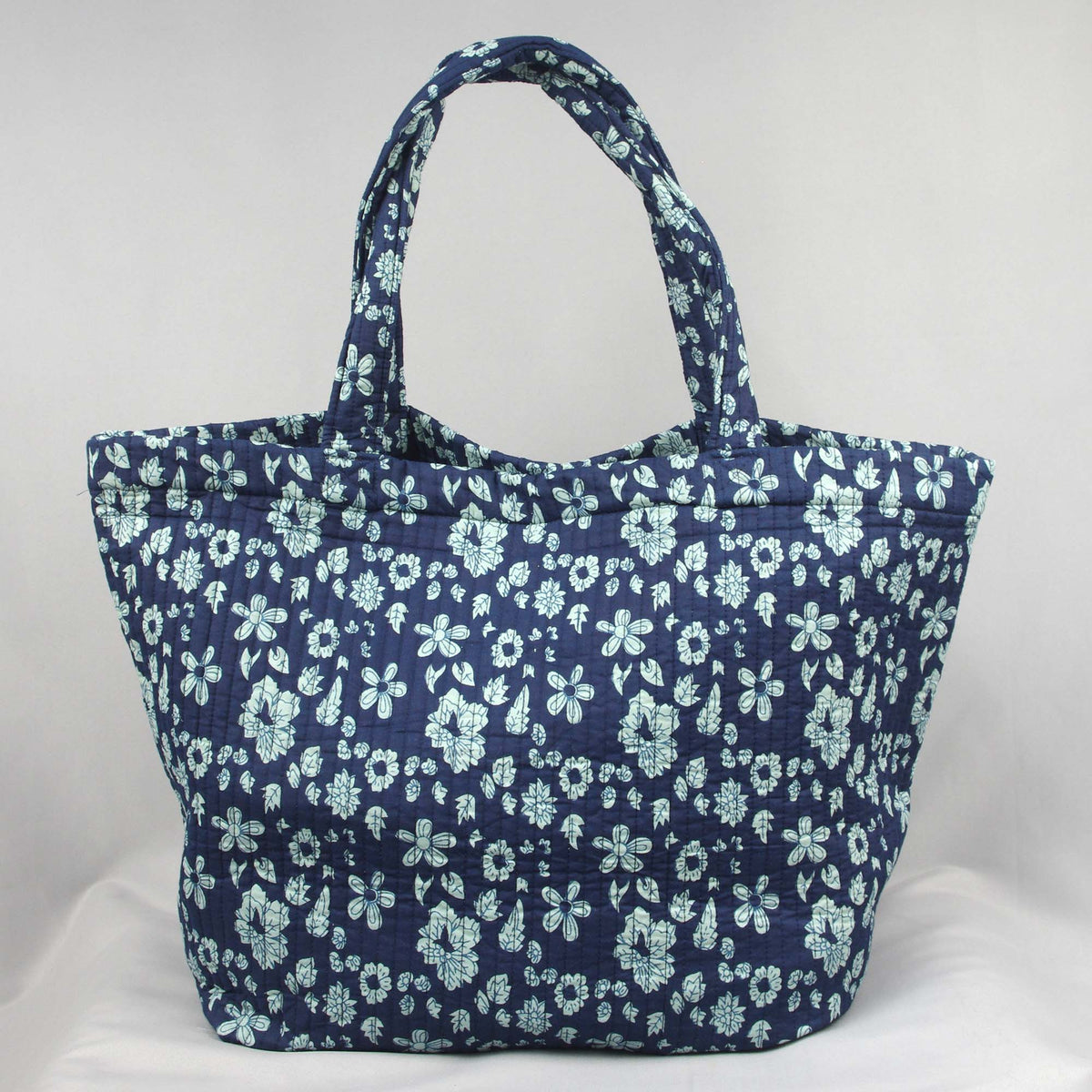 Cotton Quilted Large Shopping / Beach Bag - Floral Print Indigo