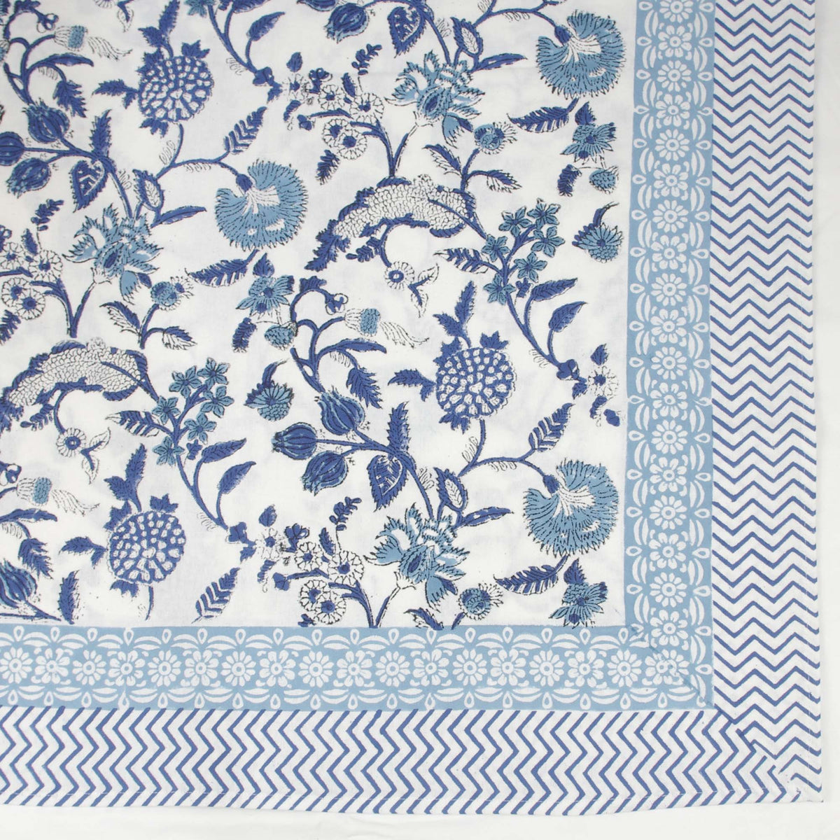 White Blue Meadow Block Printed Rectangle Tablecloth Table Cover