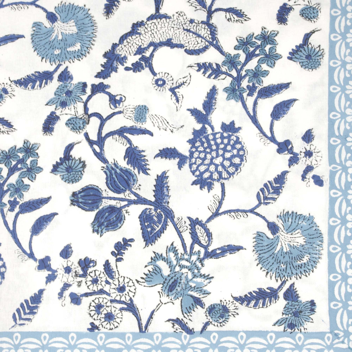 White Blue Meadow Block Printed Rectangle Tablecloth Table Cover