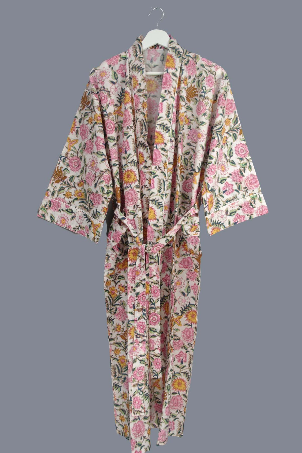 Charming Wildflower Block Print Cotton Kimono Dressing Gown