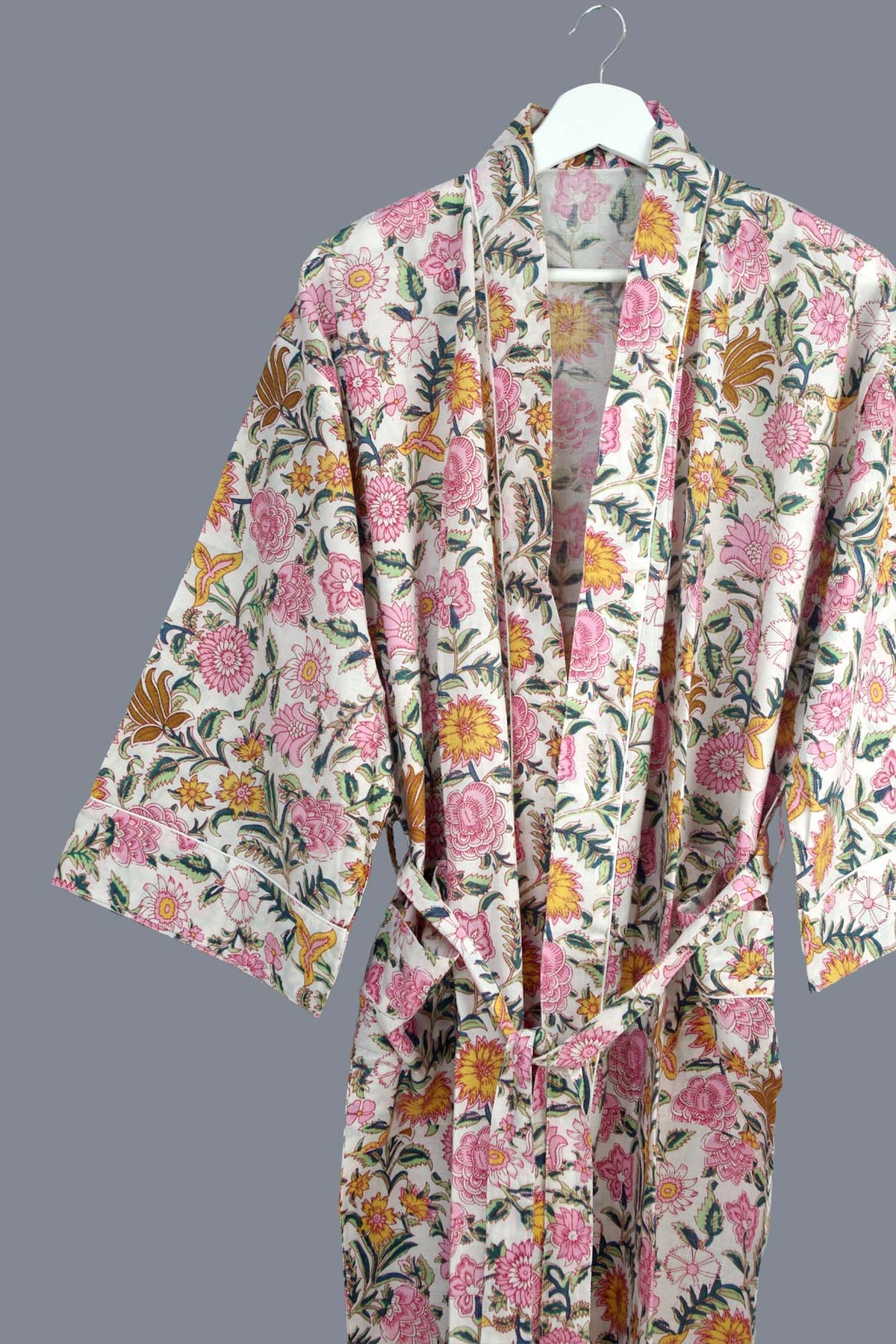 Charming Wildflower Block Print Cotton Kimono Dressing Gown