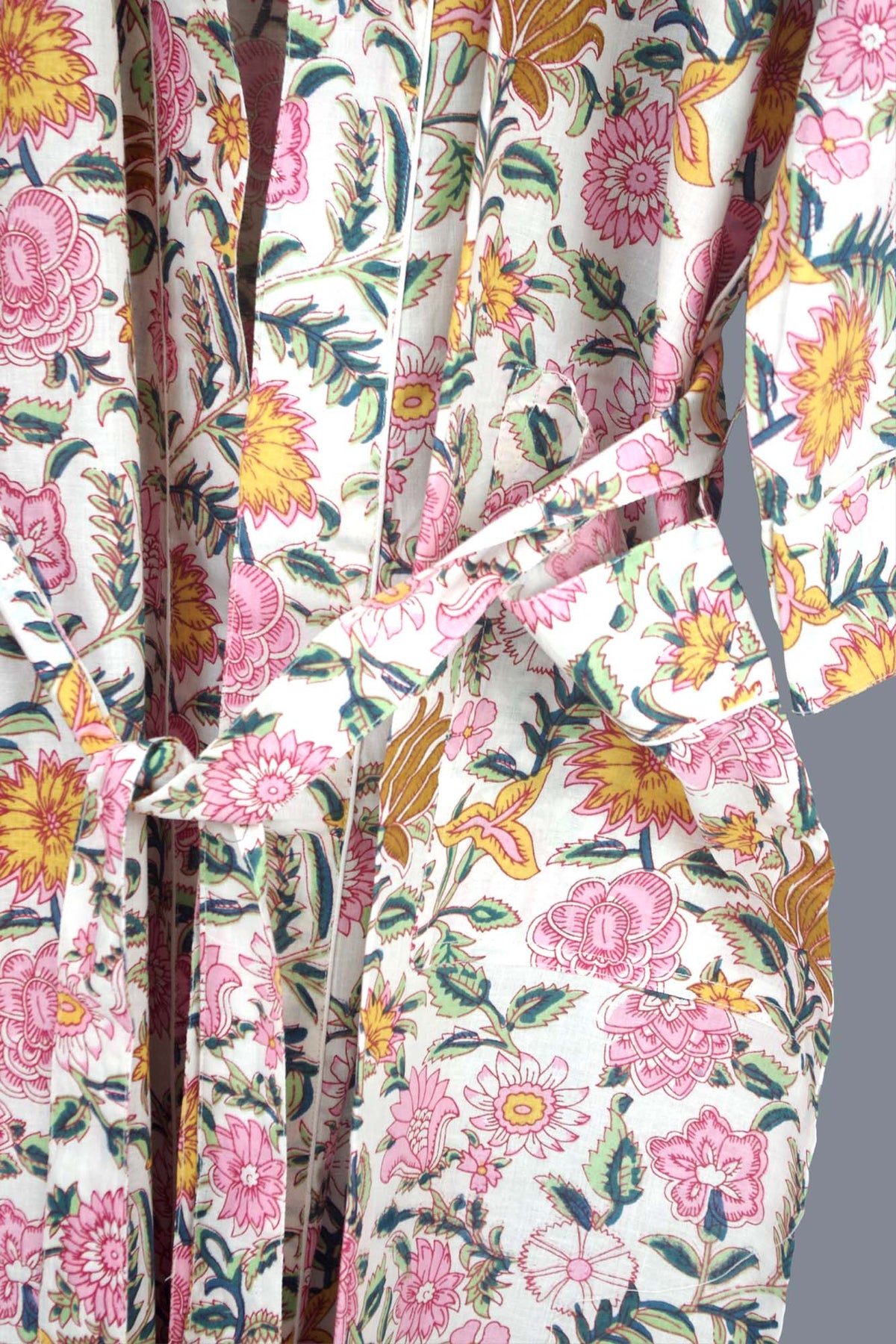 Charming Wildflower Block Print Cotton Kimono Dressing Gown