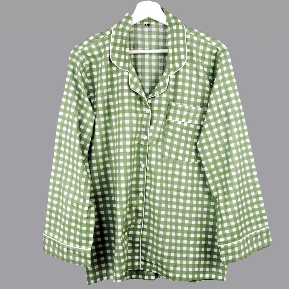 Langes bläulich-graues Pyjama-Set mit rosafarbenem Blumen-Blockdruck-Design