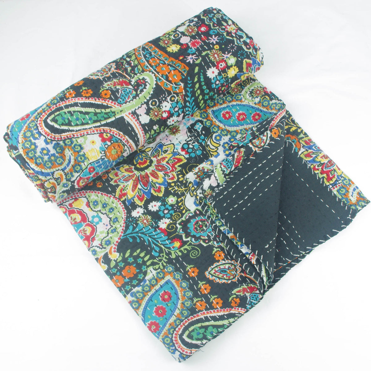 Black Paisley Print Indian Kantha Quilt