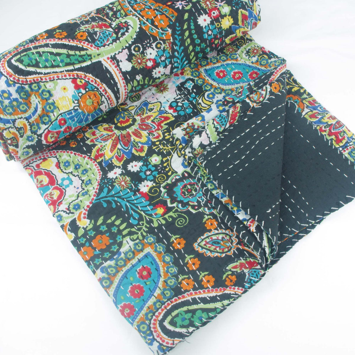 Black Paisley Print Indian Kantha Quilt