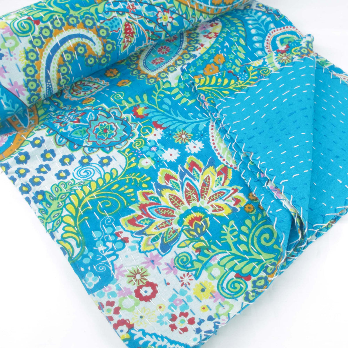 Turquoise Paisley Print Indian Kantha Quilt - Single Bed Size