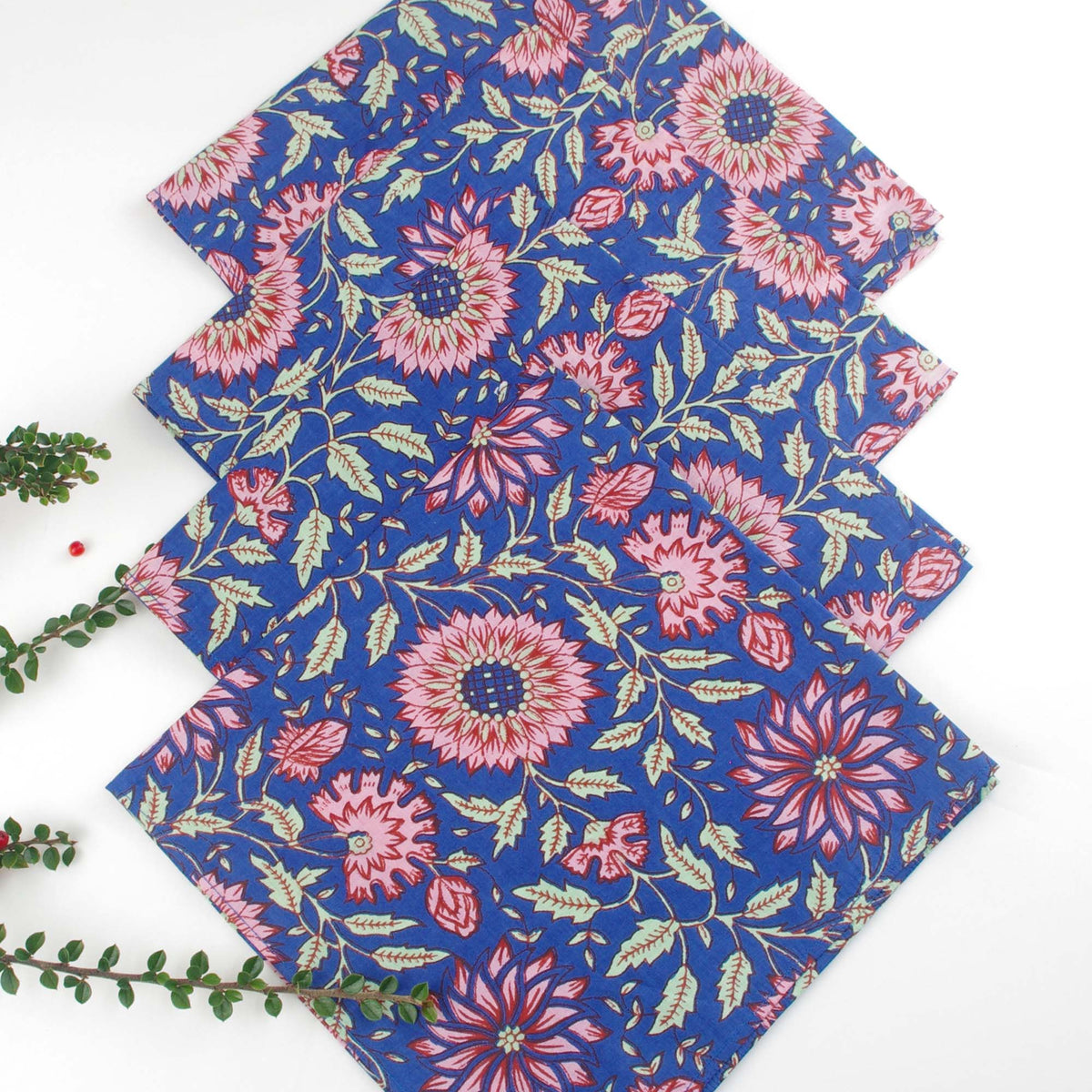Blue Floral Cotton Dinner Napkins 18'' - Set of 4