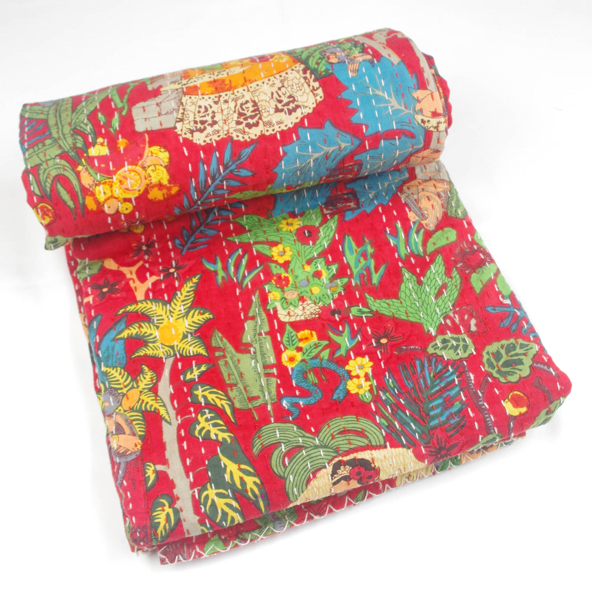 Red Frida Kahlo Indian Kantha Quilt Blanket Throw