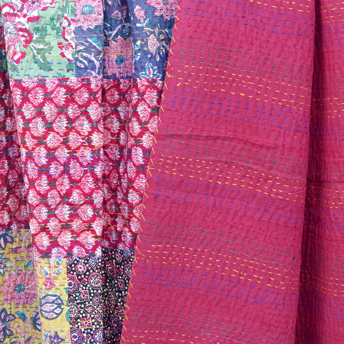Multicolor Patchwork Print Indian Cotton Queen Kantha Quilt