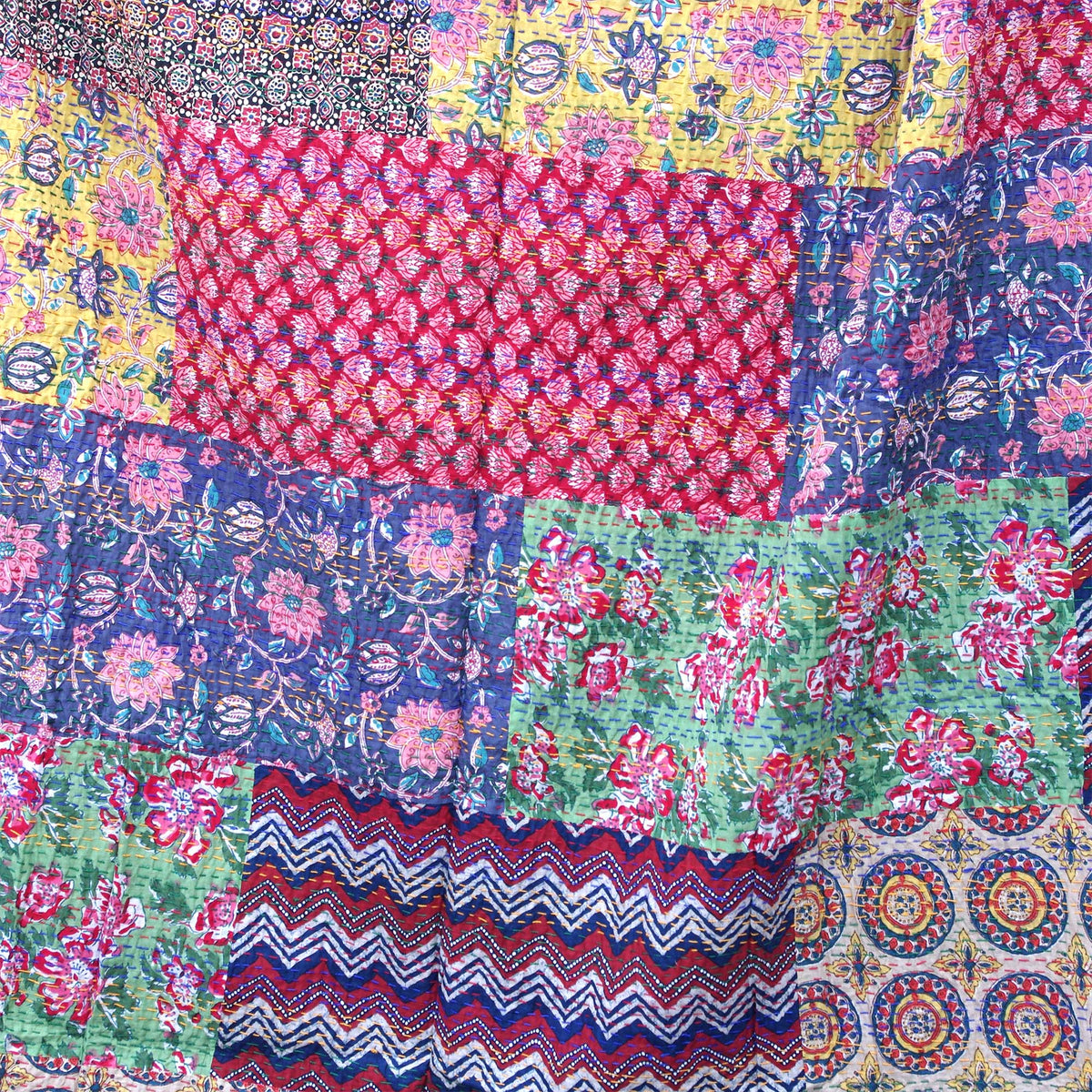 Multicolor Patchwork Print Indian Cotton Queen Kantha Quilt