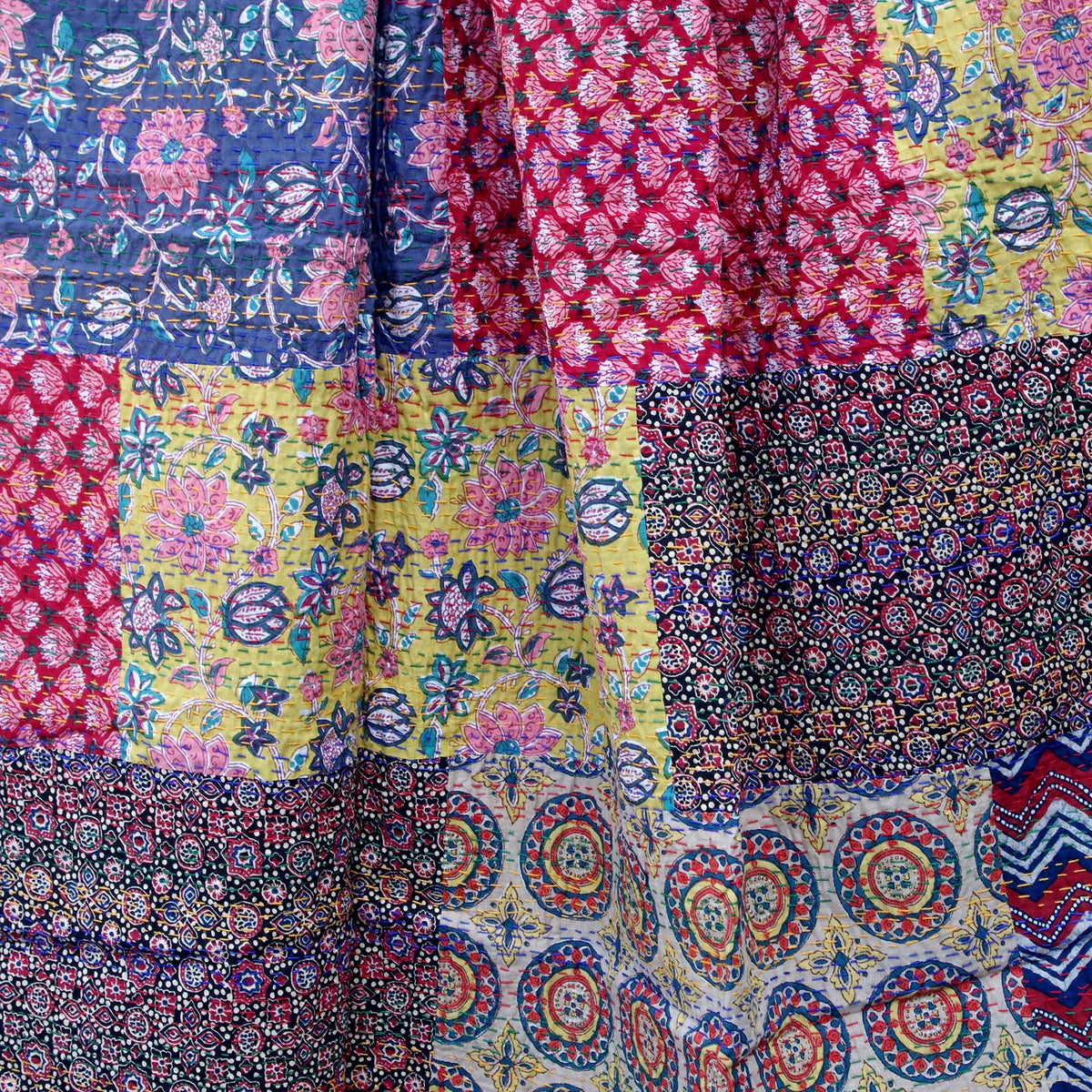 Multicolor Patchwork Print Indian Cotton Queen Kantha Quilt
