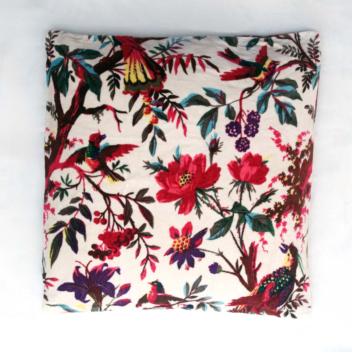 Tropical Bird Print Velvet Cushion Cover - White