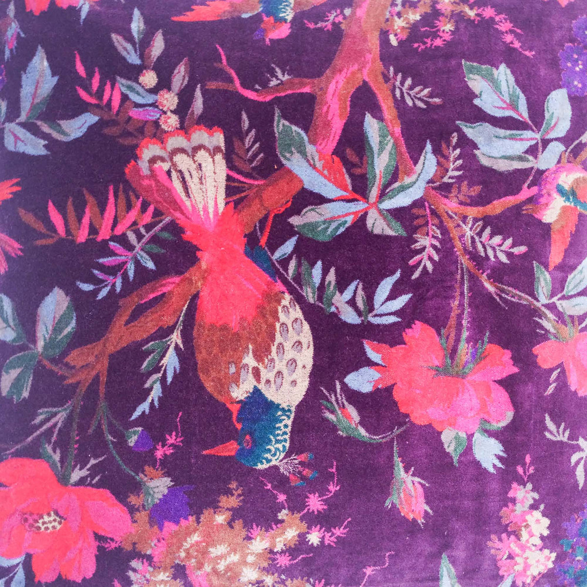Tropical Bird Print Velvet Cushion Cover - Dark Purple