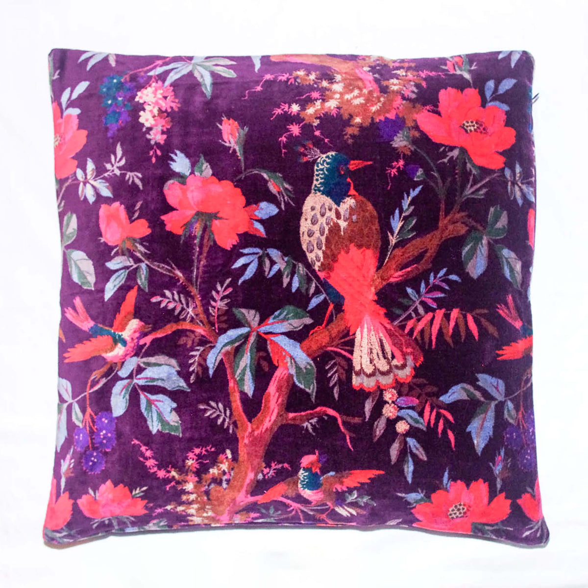 Tropical Bird Print Velvet Cushion Cover - Dark Purple