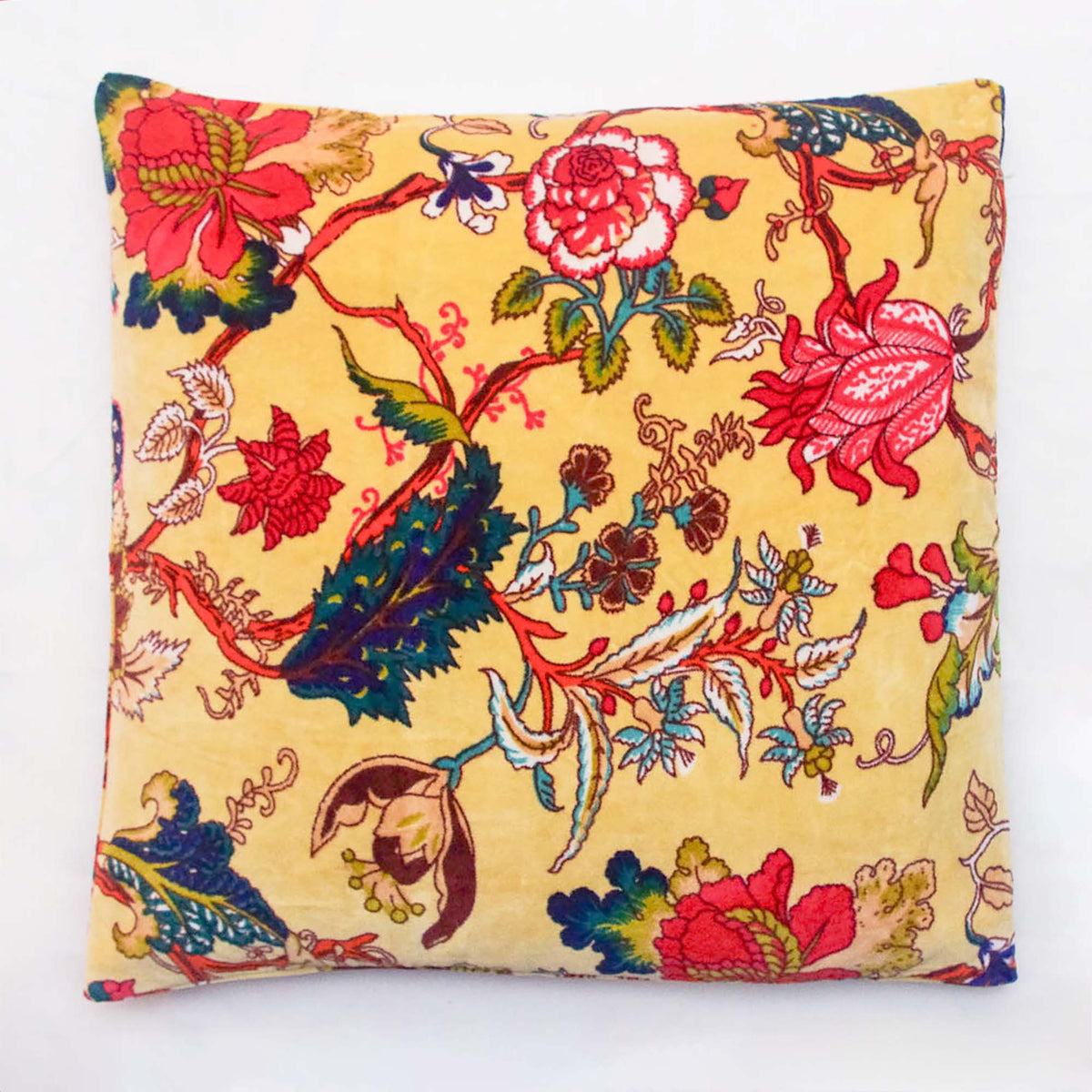 Tropical Floral Print Velvet Cushion Cover - Yellow