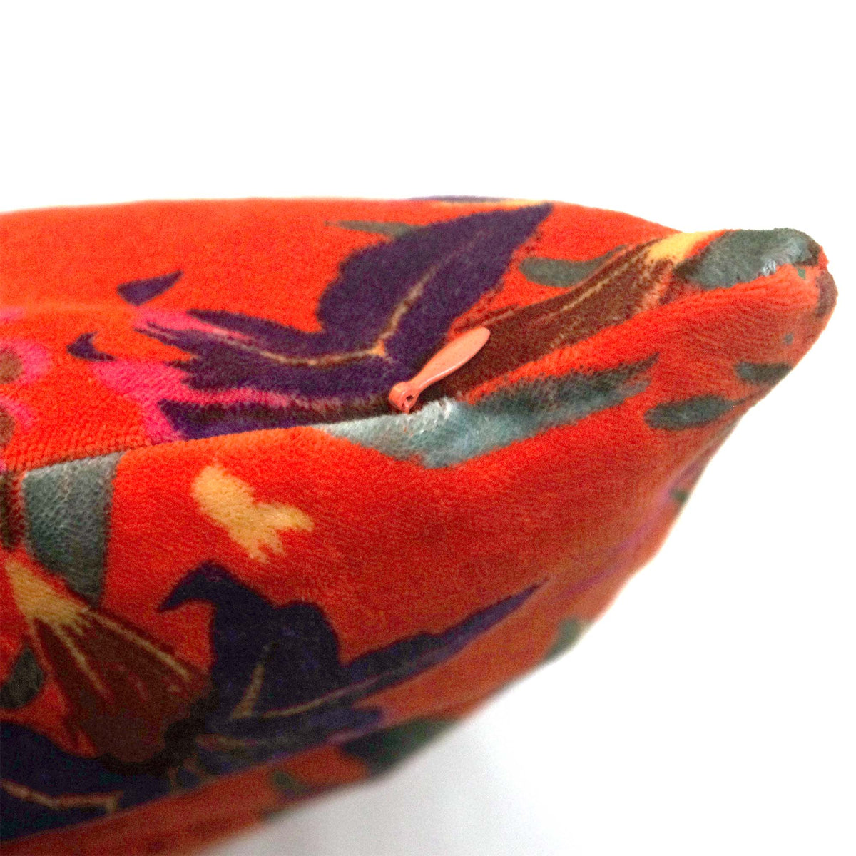 Tropical Bird Print Velvet Cushion Cover - Orange