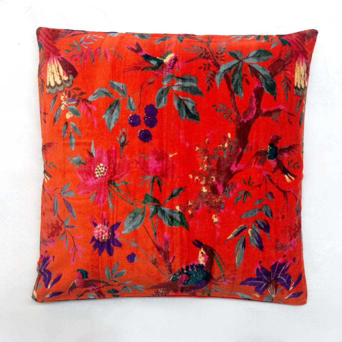 Tropical Bird Print Velvet Cushion Cover - Orange