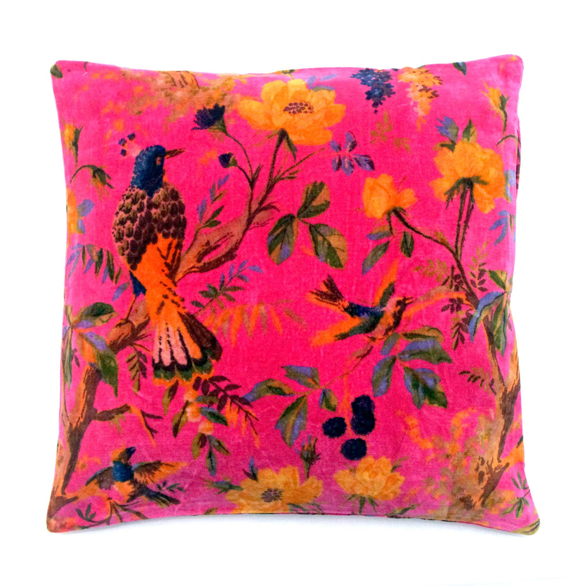 Tropical Bird Print Velvet Cushion Cover - Pink Yellow
