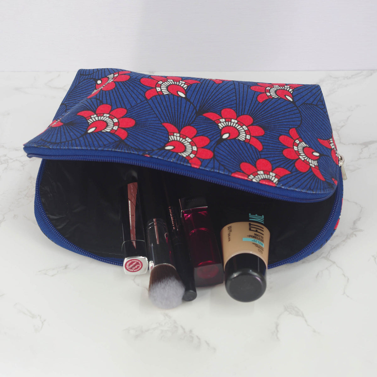 Canvas Wash Bag /Makeup Pouch - Red Flowers On Blue