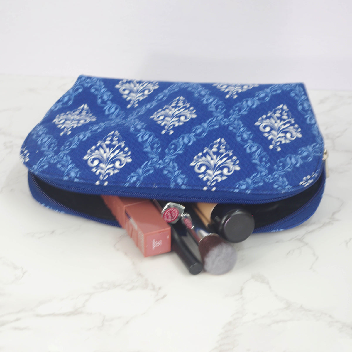 Canvas Wash Bag /Makeup Pouch - White Paisley On Blue