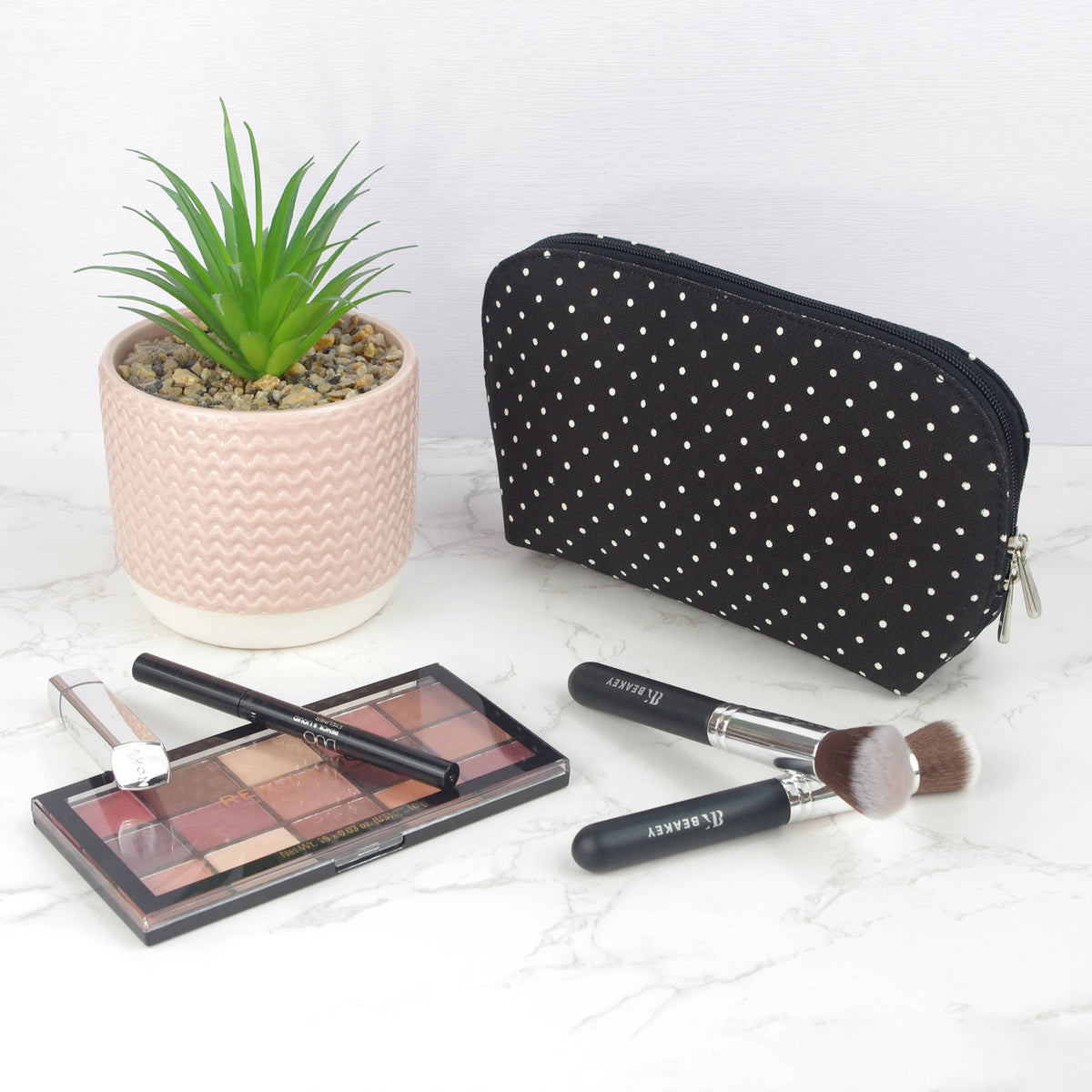 Canvas Wash Bag /Makeup Pouch - Black Polaka Dots