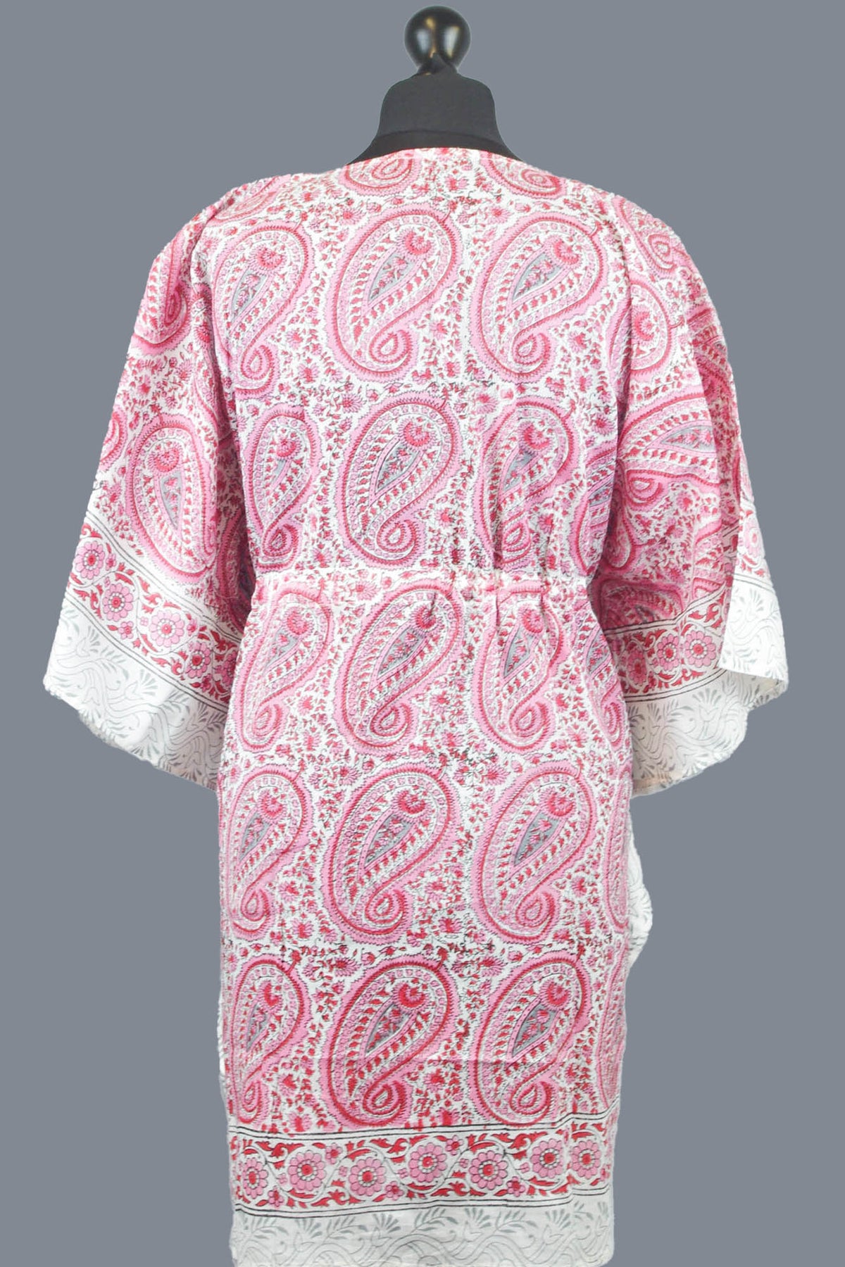 Short Cotton Coverup Kaftans With Border- Pink Paisley