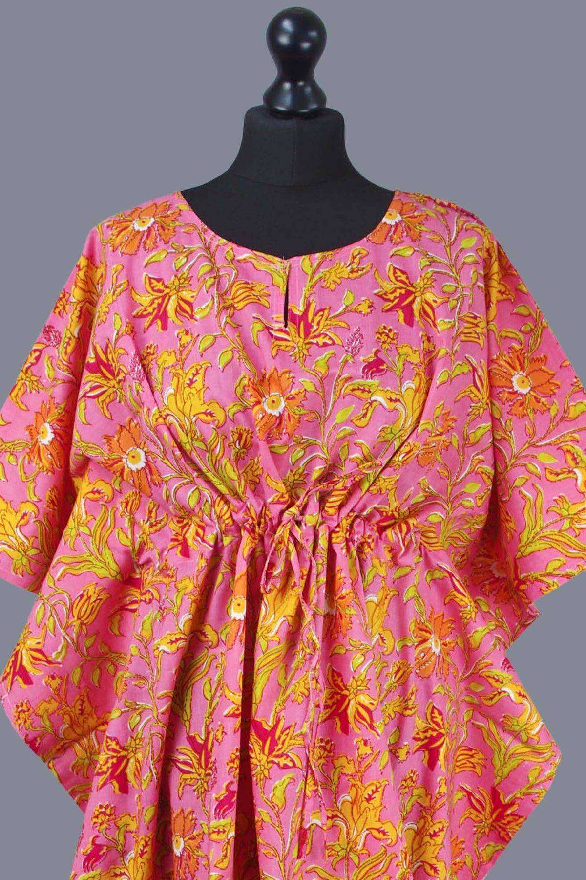 Block Printed Cotton Coverup / Kaftans - Pink Yellow Floral