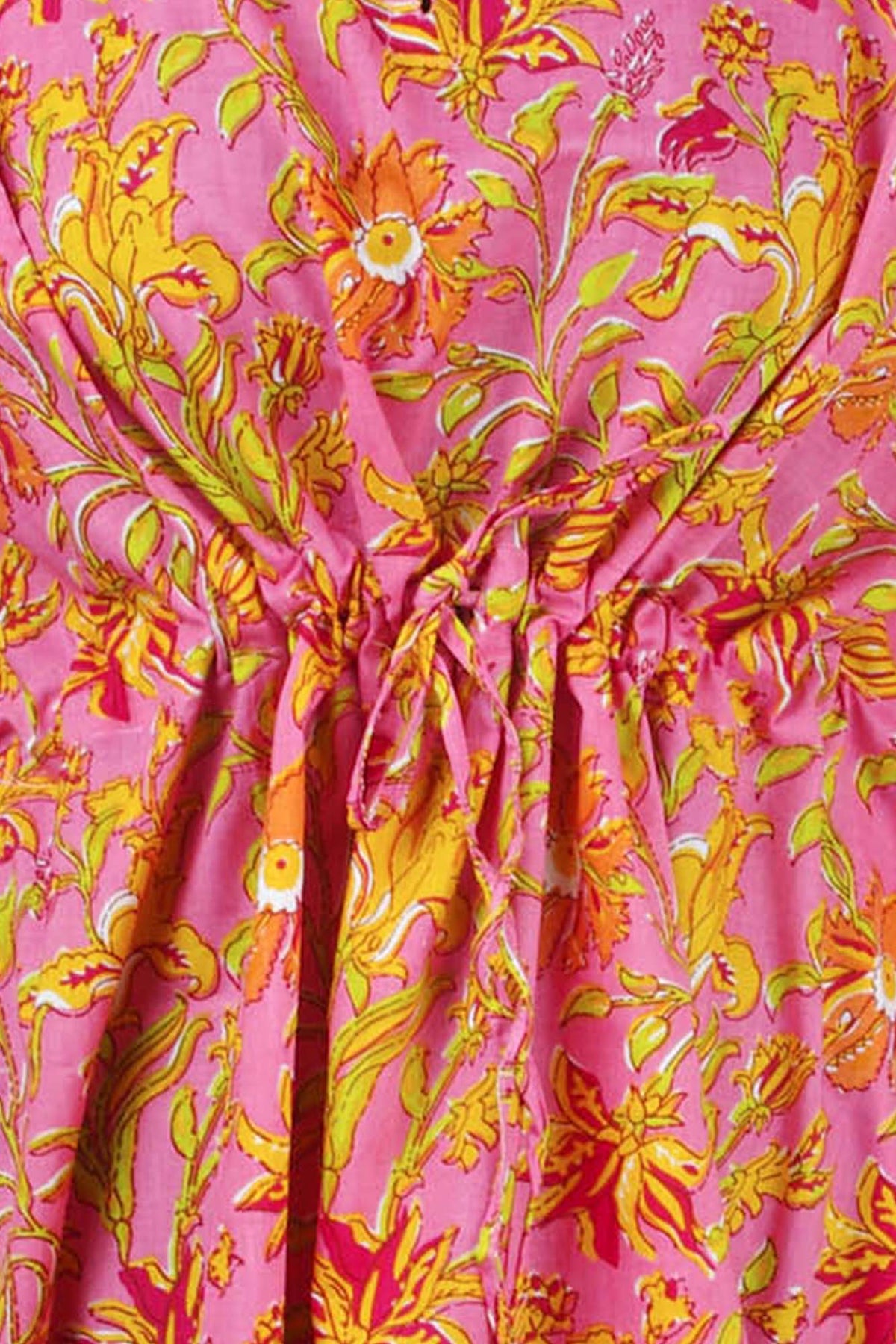 Block Printed Cotton Coverup / Kaftans - Pink Yellow Floral
