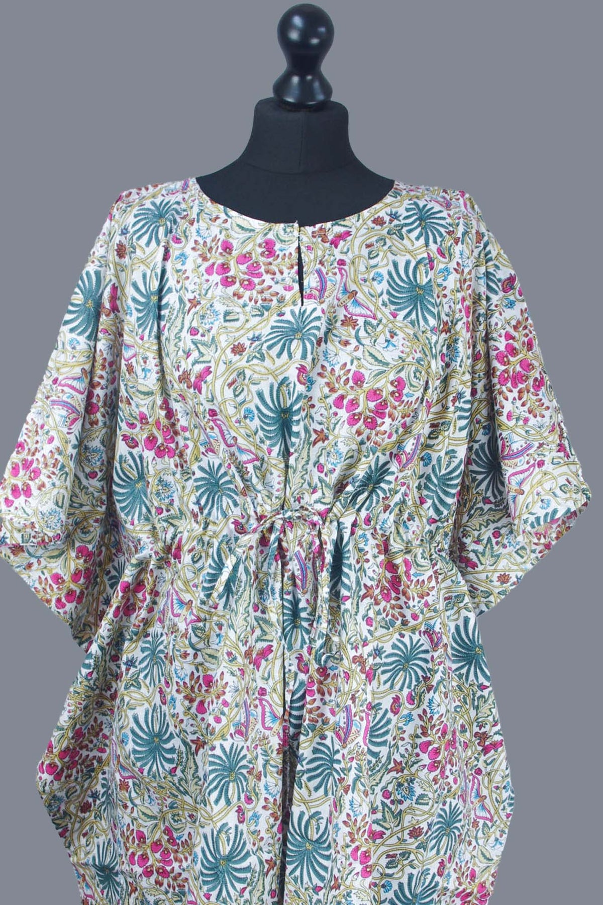 Blockbedruckter Baumwoll-Coverup / Kaftans - Blaue Blätter