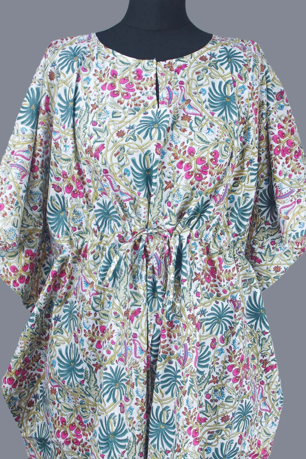 Blockbedruckter Baumwoll-Coverup / Kaftans - Blaue Blätter