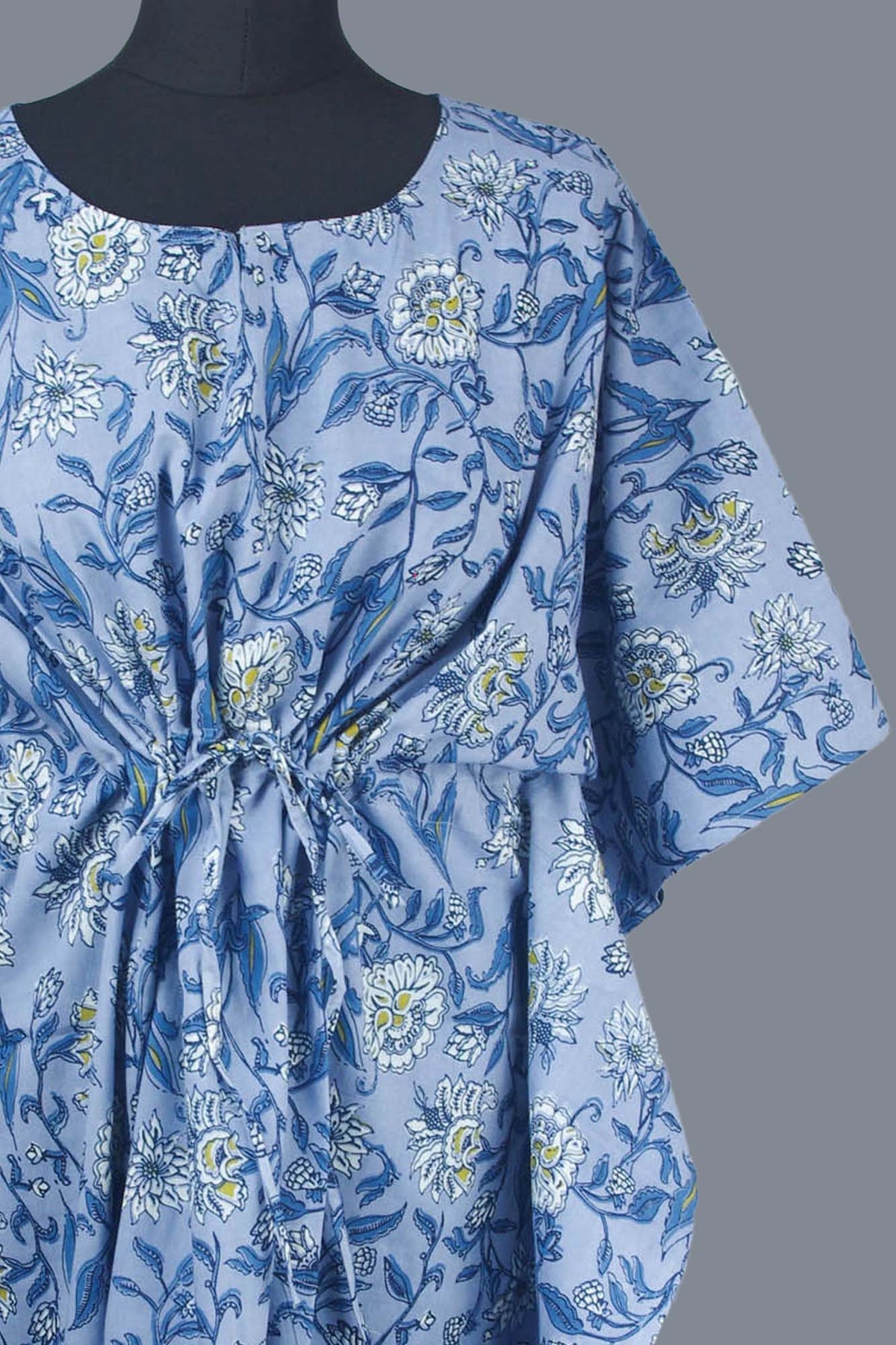 Block Printed Cotton Coverup / Kaftans - Grey Floral