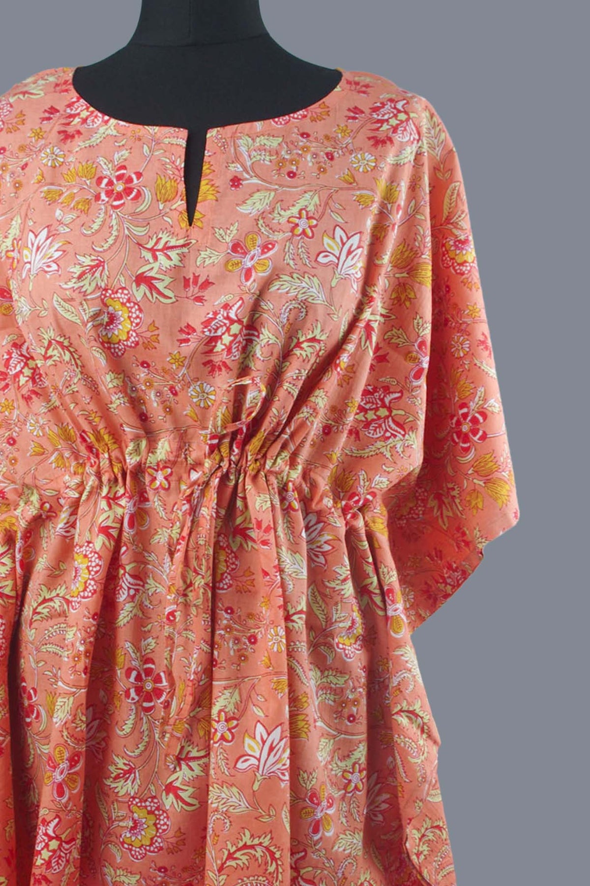 Block Printed Cotton Coverup / Kaftans - Peachy Orange Floral