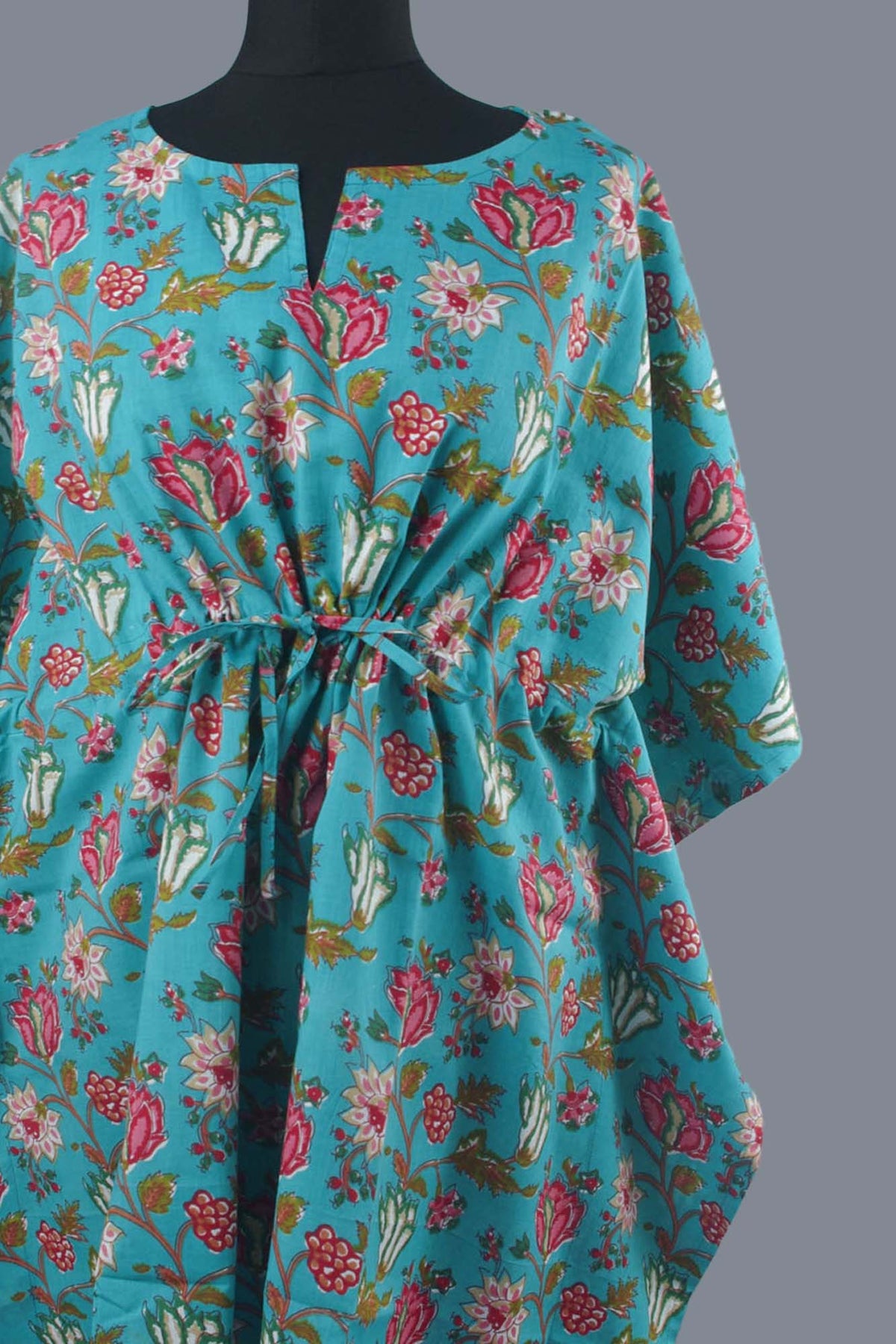 Blockbedruckter Baumwoll-Coverup / Kaftans - Blaue Blätter