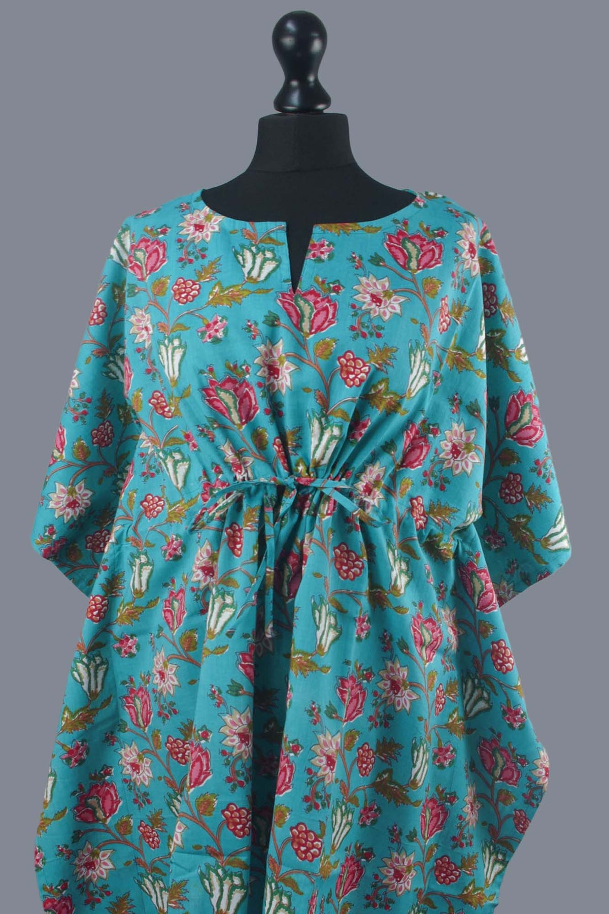 Blockbedruckter Baumwoll-Coverup / Kaftans - Blaue Blätter