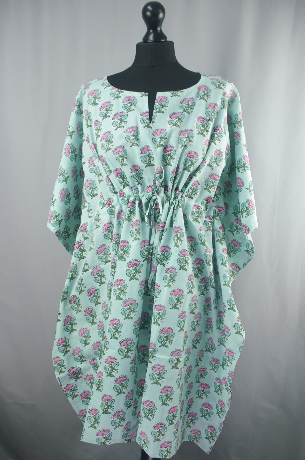 Block Printed Cotton Coverup / Kaftans - Pink Small Floral On Mint