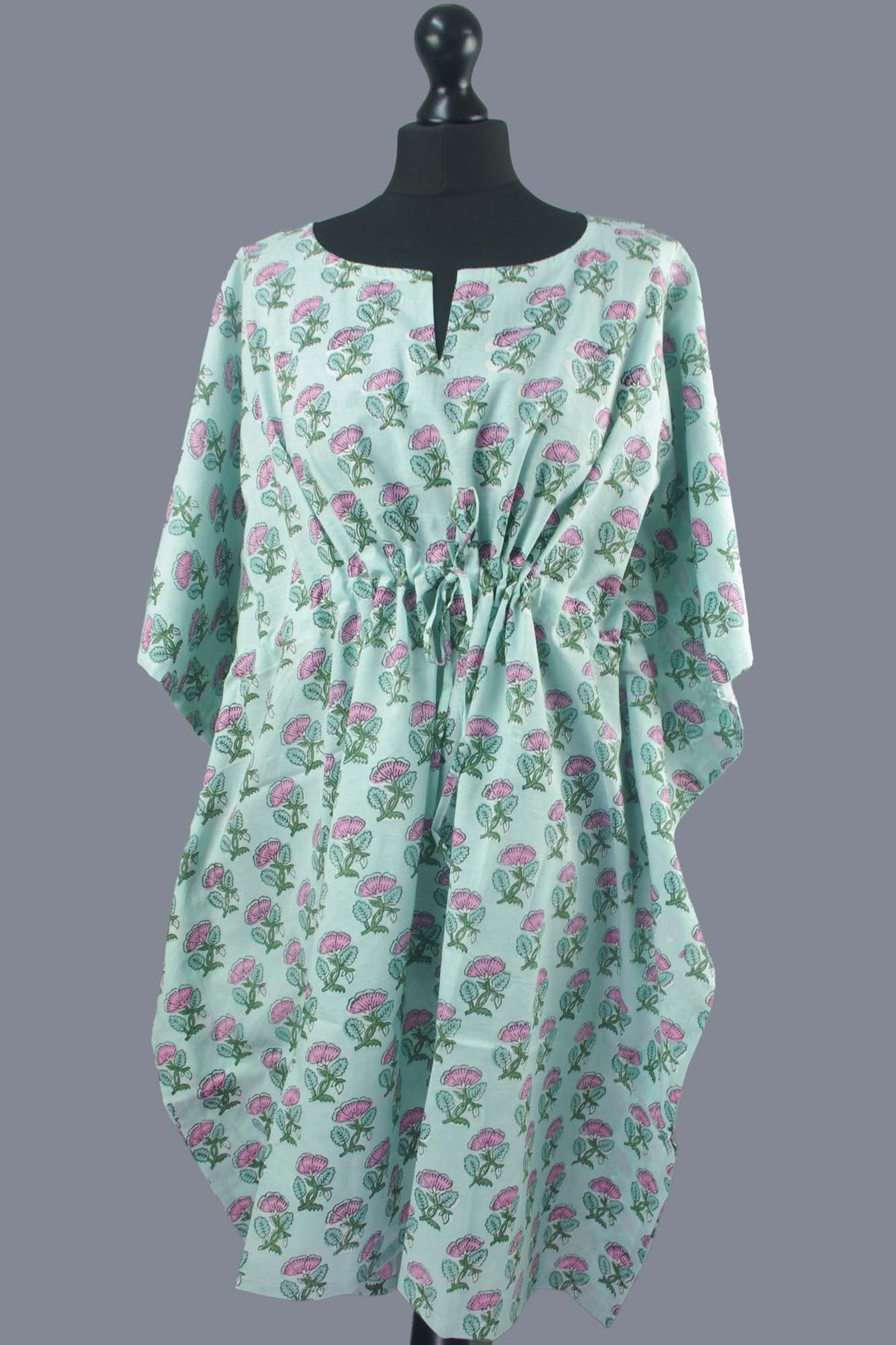 Blockbedruckter Baumwoll-Coverup / Kaftans - Blaue Blätter