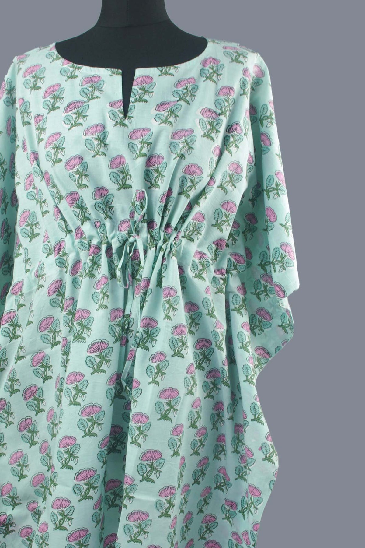 Blockbedruckter Baumwoll-Coverup / Kaftans - Blaue Blätter