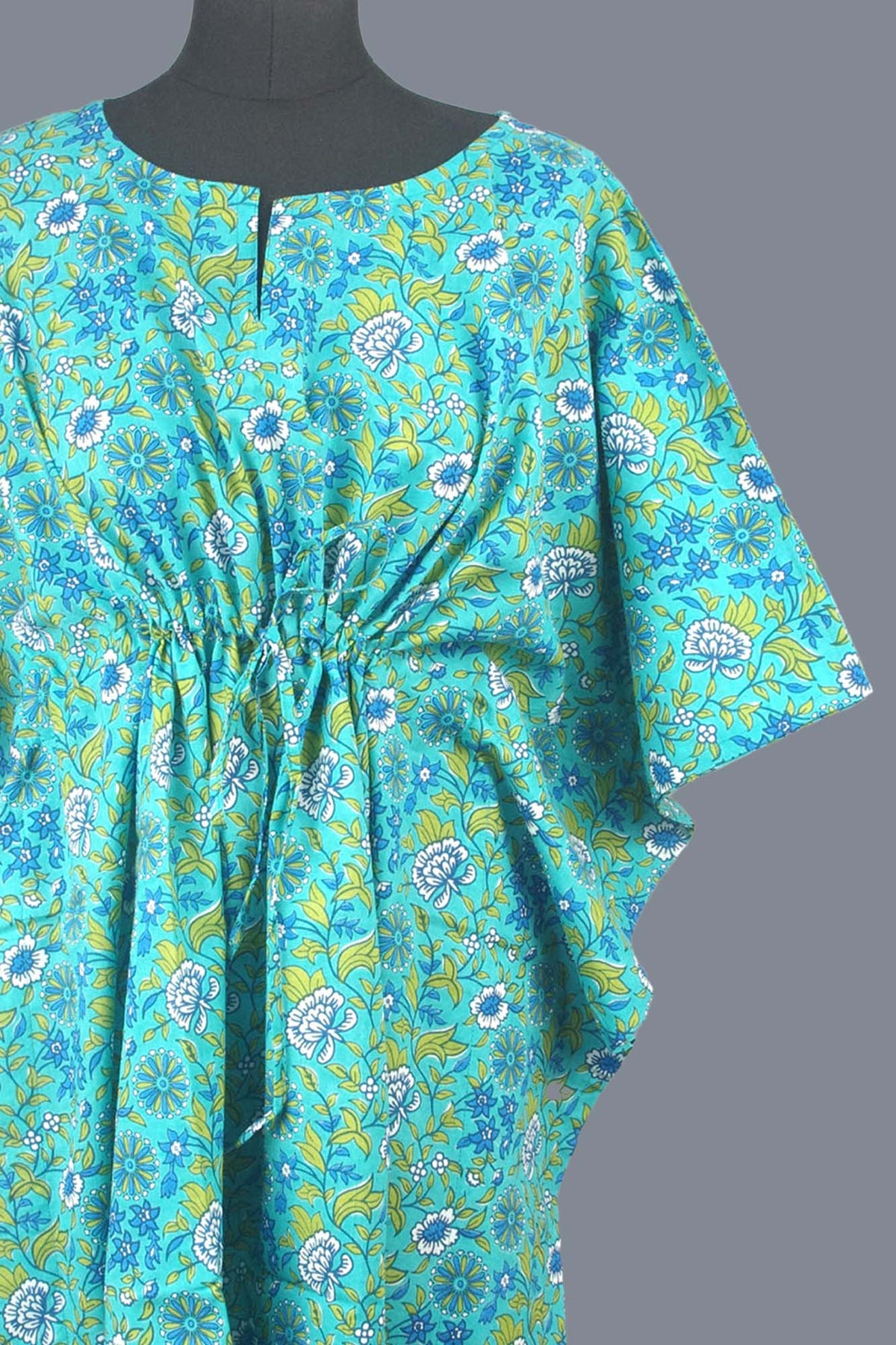Block Printed Cotton Coverup / Kaftans - Teal Floral