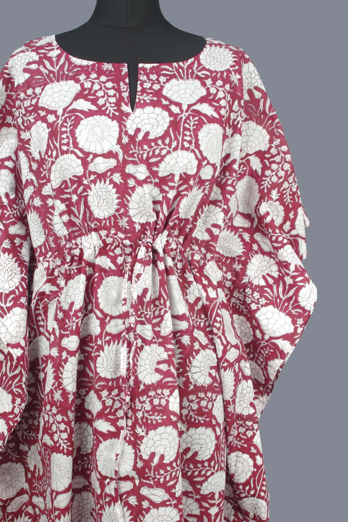 Block Printed Cotton Coverup / Kaftans - Maroon Floral
