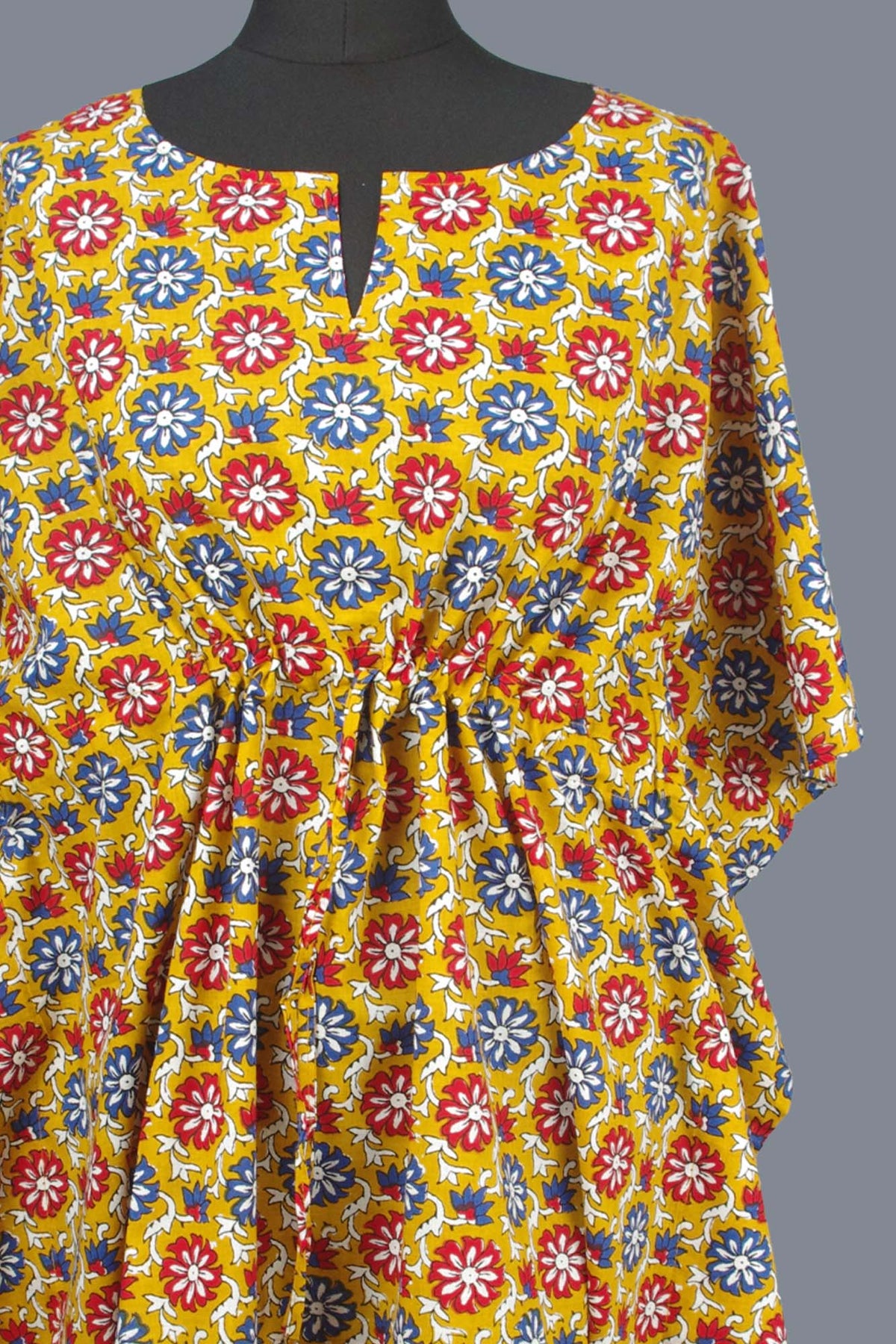 Blockbedruckter Baumwoll-Coverup / Kaftans - Blaue Blätter
