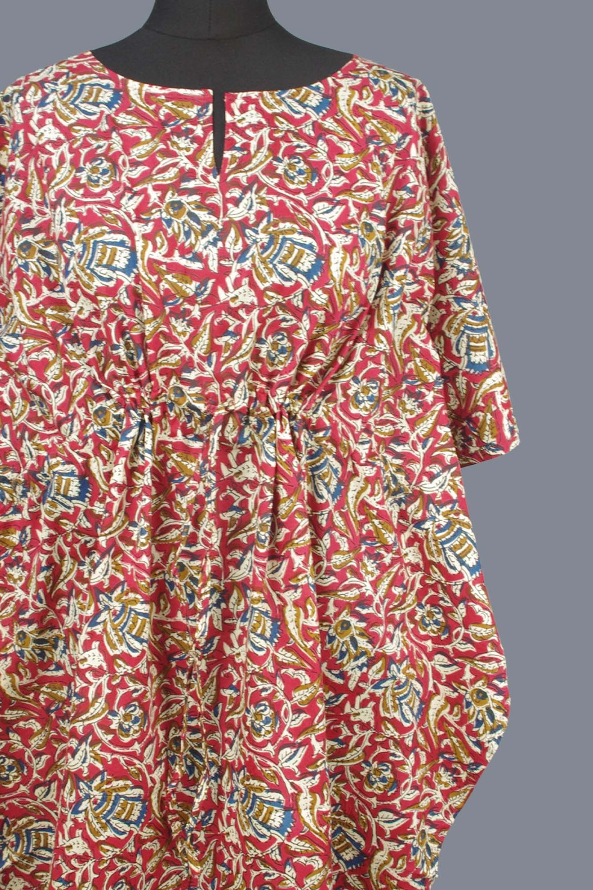 Blockbedruckter Baumwoll-Coverup / Kaftans - Blaue Blätter