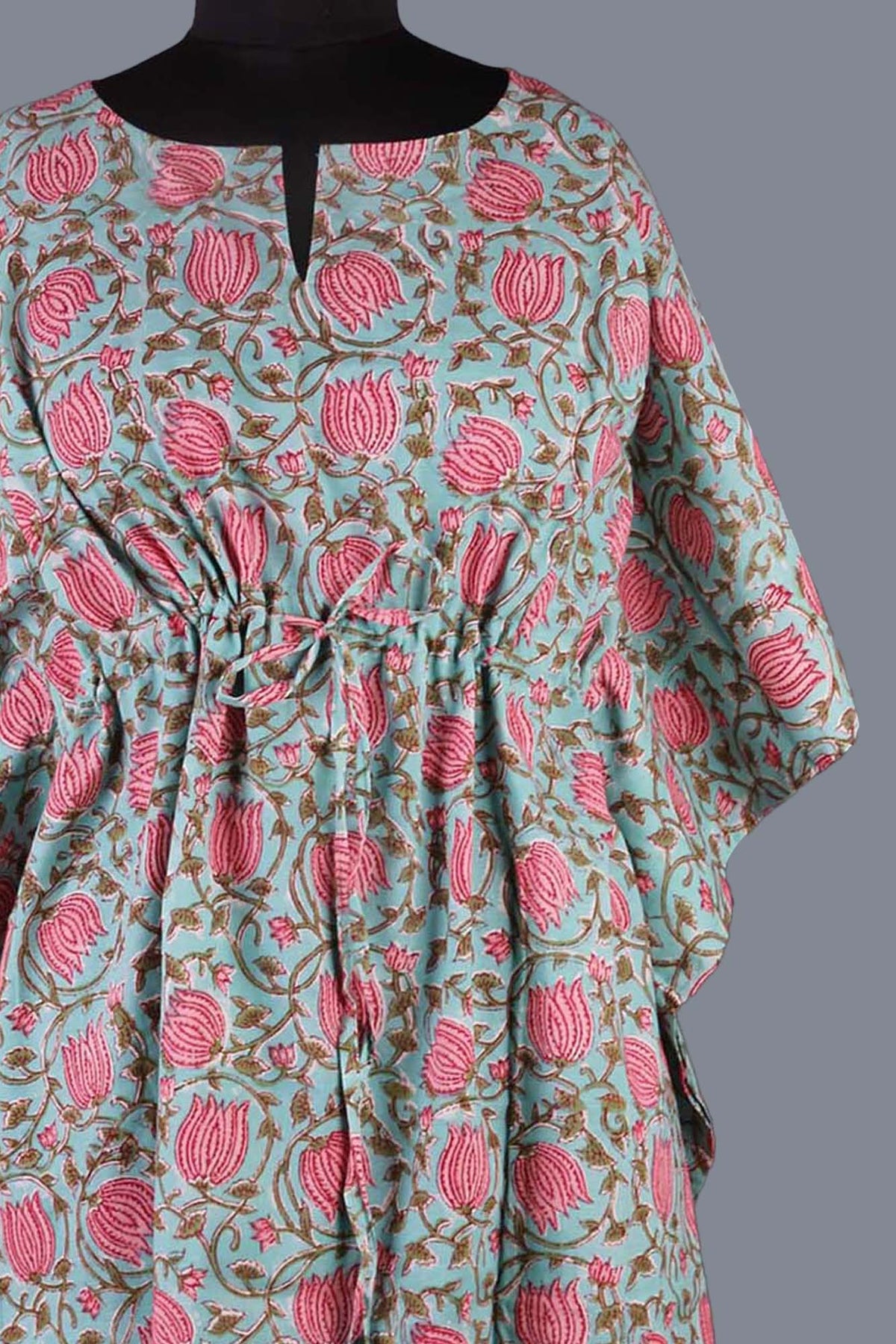 Blockbedruckter Baumwoll-Coverup / Kaftans - Blaue Blätter